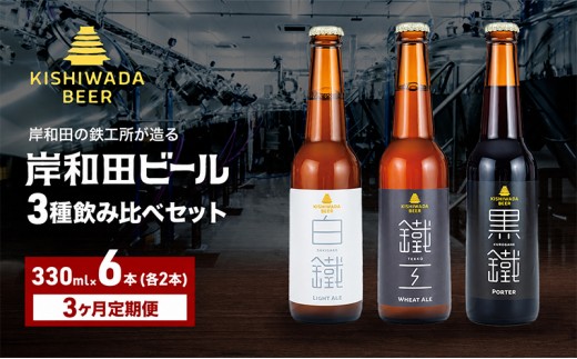 
                  ビール 定期便 3ヶ月 岸和田ビール バラエティー 330ml×6本 飲み比べ セット 3種 鐵工 黒鐵 白鐵 各2本 飲み比べセット 地ビール クラフトビール 【岸和田ブランド認定品】 大阪府 岸和田市 定期 3回
                