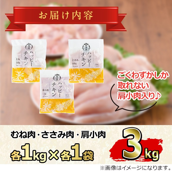 【0074805a-2509】＜2025年9月発送予定＞国産若鶏肉ヘルシーセット(合計3kg・ムネ、ささみ、肩小肉) 鶏肉 鳥肉 とり肉 むね肉 おかず 小分け 国産 【エビス】