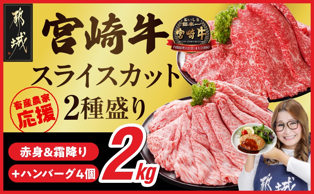 畜産農家応援! 宮崎牛スライス2種セット500g×4パック+豚肉ハンバーグ100g×4個_32-N201-ESH