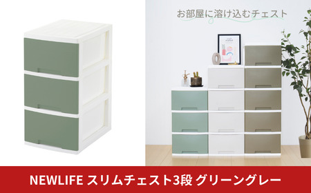 NEWLIFE スリム3段 グリーングレー 収納ケース 衣装ケース プラスチック 新生活 引っ越し 大容量 引き出し プラスチック 収納棚 おしゃれ 押入れ 押し入れ収納 リビング収納 【010S609】
