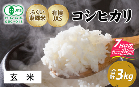 【玄米】令和7年産 ふくい東郷米 有機JASコシヒカリ 3kg [A-020029_02]/ 白米 玄米 無洗米 有機適合肥料100% 真空パック もっちり 甘い 安全 米 こしひかり 国産 福井県 福井市 東郷