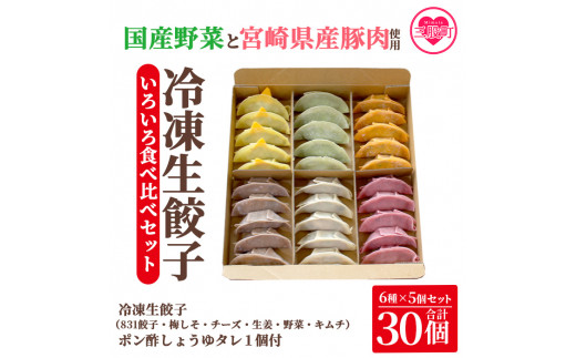 《タレ：ポン酢しょうゆ》＜国産野菜と県産豚肉をつかった冷凍生餃子いろいろ食べ比べセット 6種×5個 選べるオリジナルタレ1個＞（合計30個・各5個）プレーン・チーズ、生姜、野菜、梅、キムチをセットに♪【MI096-hc-01】【ハチサンイチ】