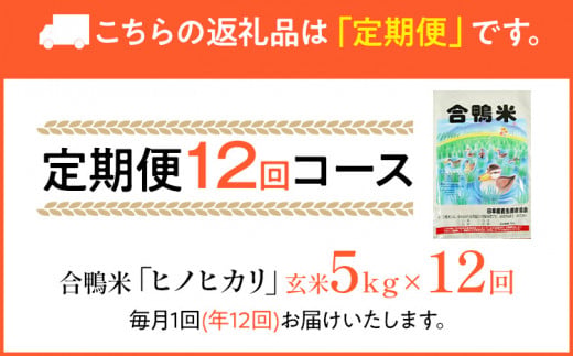令和8年産 合鴨米「ヒノヒカリ」（玄米・5kg）定期便12回コース 数量限定 ※令和8年10月スタートの定期便 BI06