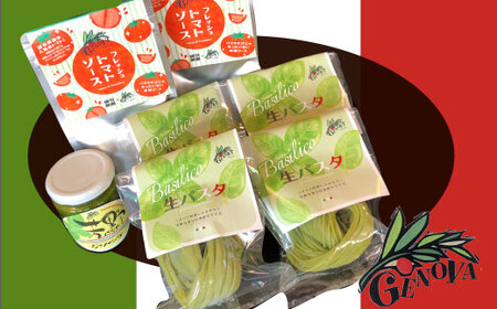 生パスタ（バジル）＆ソース＆バジルぺーストセット バジルを練りこんだパスタ フレッシュトマトソ?ス 芳野バジルペースト セット 計800g パスタソース 冷蔵配送 ランチ パスタ もちっと生パスタ ジ