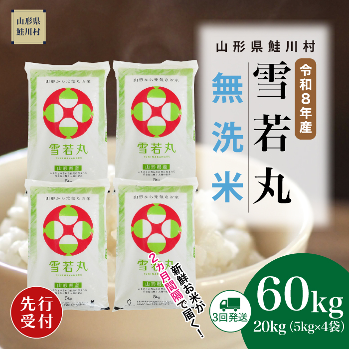 ＜令和8年産米先行受付＞ 山形県産 雪若丸 【無洗米】60kg定期便(20kg×3回)　配送時期指定できます！