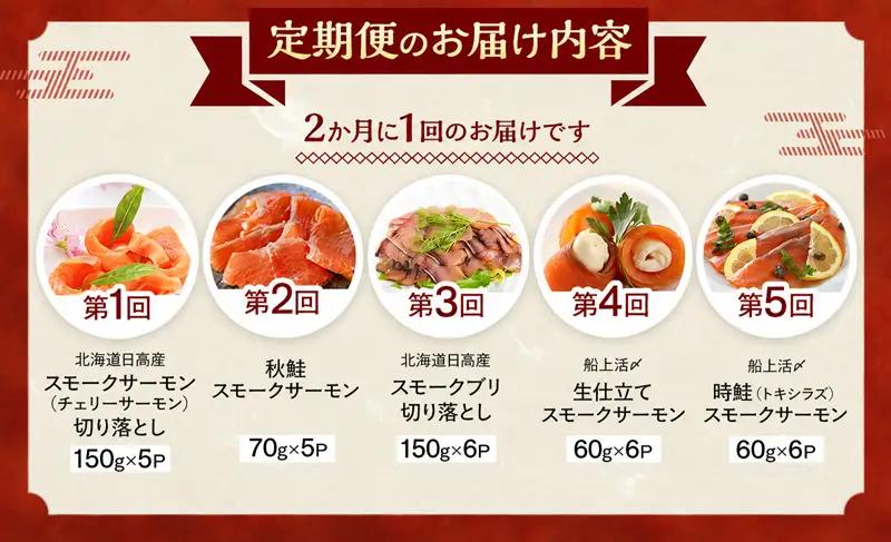 【大容量よくばり定期便】北海道日高産 スモークサーモン豪華5回お届けセット[15-1532]