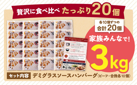 U61-31R09 【7営業日以内発送】どっちのハンバーグ!?デミグラスソース20個セット（ビーフ・合挽 各10個） ビーフハンバーグ 合挽ハンバーグ 個包装 大人気 湯煎 大容量 牛肉 豚肉 洋食 