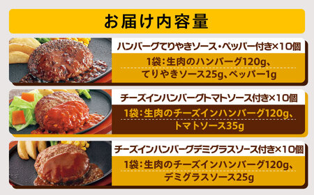 【全3回定期便】【福岡工場直送】ジョイフル ハンバーグ スペシャル 詰め合わせ 3種 30個セット 《築上町》【株式会社　ジョイフル】[ABAA042] はんばーぐ 生ハンバーグ 冷凍ハンバーグ 牛肉