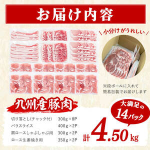 【数量限定】小分け・真空パック!九州産豚肉4種セット＜計4.5kg(計14P)＞豚肉 豚 ロース バラ モモ ウデ 肩ロース バラエティ 詰め合わせ セット 訳あり a6-050