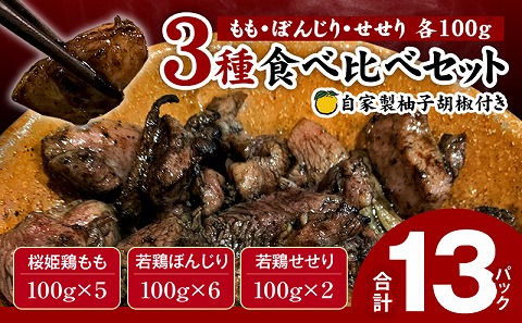 ≪宮崎県炭火焼≫ もも・ぼんじり・せせり13パックセット (自家製柚子胡椒2P付き)_M063-001_01