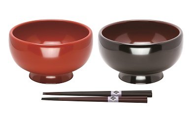 川連漆器 夫婦稲庭うどん椀 箸付【(株)阿部健吉商店】[D5301]