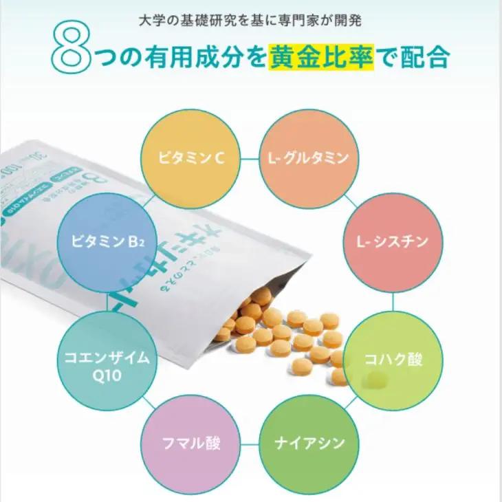 オキシカット ビタミンC ビタミンB2 コエンザイムQ10 フマル酸 ナイアシン コハク酸 L-シスチン L-グルタミン サプリメント 30日 特許取得 健康 健康食品 安心 安全 静岡県 富士市 [