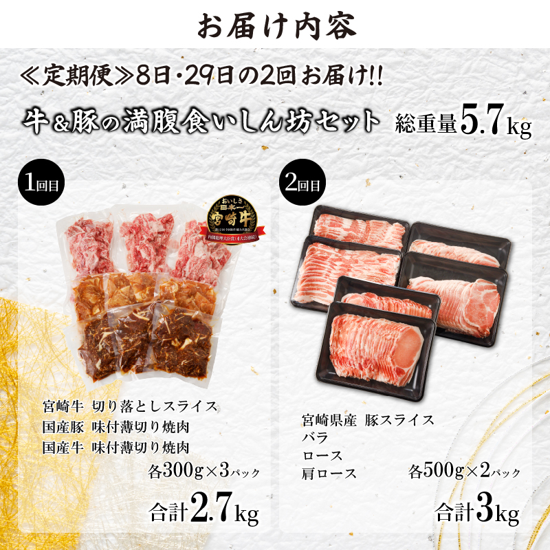 ≪定期便≫＼1か月に2回お届け!!／牛＆豚の満腹食いしん坊セット【総重量5.7kg】_T030-039【肉 牛 豚 牛肉 豚肉 おかず 国産 人気 ギフト 食品 お肉 焼き肉 BBQ しゃぶしゃぶ お