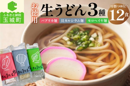 お徳用(簡易包装) 生うどん3種12食詰め合わせセット[お徳用 うどん カルシウム モロヘイヤ パプリカ 3種 4食 170g 計 12食 栄養 ビタミン つるつる 麺 家庭用 鍋焼き ざる 美味しい 三重県 玉城町 さんておーる食堂]