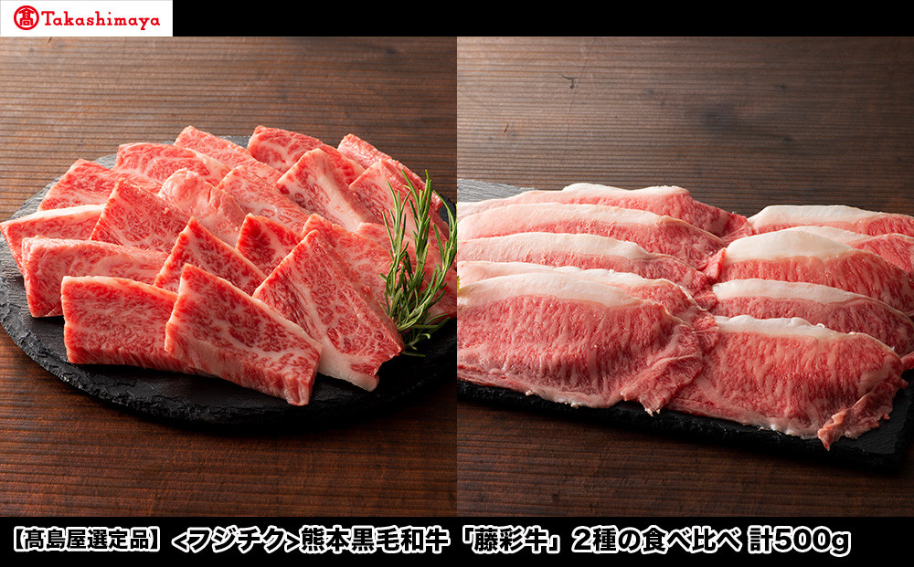 
                  【高島屋選定品】フジチク 熊本黒毛和牛「藤彩牛」2種の食べ比べ計500g
                