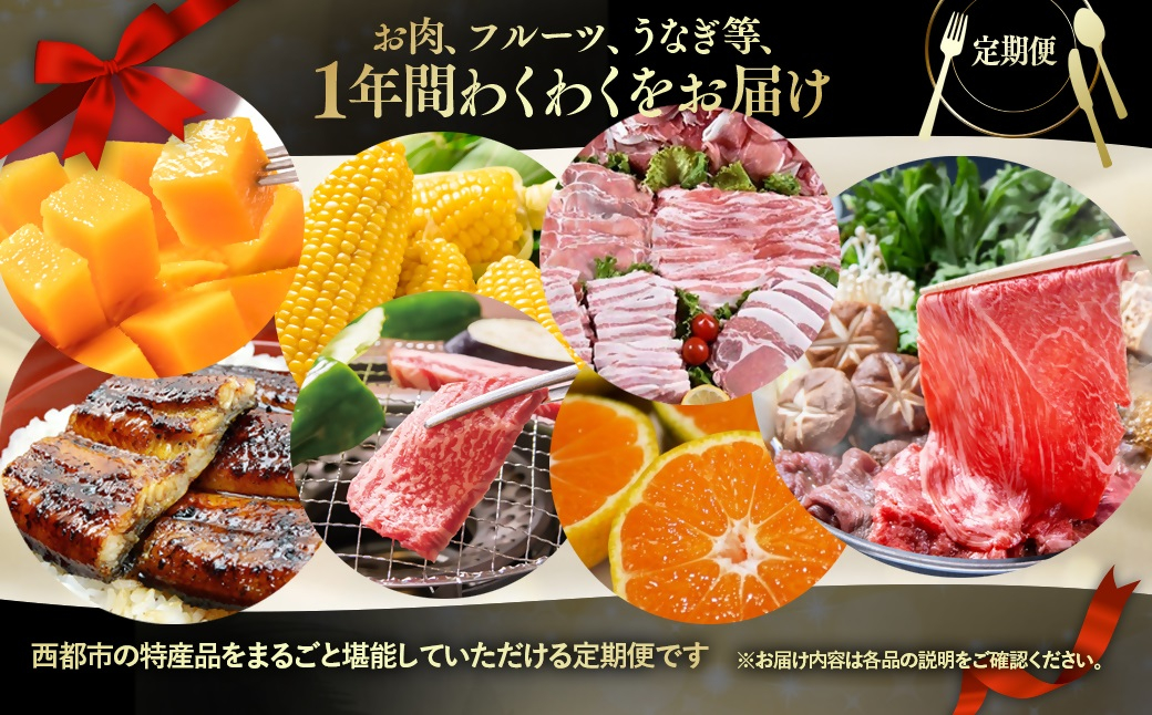 【季節の定期便C】12ヶ月毎月届く 西都まるごと堪能セット12品お届け！【スタンダードコース】 マンゴー 宮崎牛 うなぎ 牛肉 すき焼き 地鶏鍋等＜1-3a＞ スタンダードコース