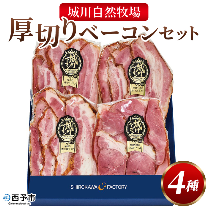 ＜城川自然牧場 厚切りベーコン4種セット(100g)＞スライス ガーリックベーコン ショルダーベーコン 七味ベーコン 豚肉 加工品 おかず おつまみ ギフト 贈答用 城川ファクトリー 愛媛県 西予市