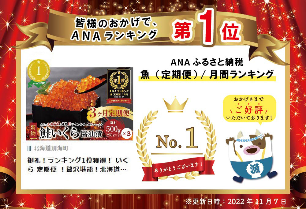 御礼！ランキング第1位獲得！ いくら 定期便 ！贅沢堪能！北海道産 新物 鮭いくら醤油漬け 合計 1.5kg 500g を 3ヶ月 定期便 全3回 鱒（マス）ではなく、北海道産の鮭（サケ）のいくらです