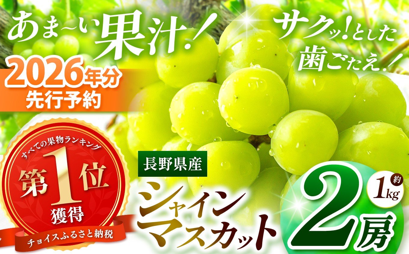 
            《チョイス限定》【2026年出荷】先行予約開始しました！絶品！シャインマスカット 2房 先行予約 【2026年9月下旬～11月中旬にかけて順次発送予定】 | シャイン ぶどう 葡萄 ブドウ くだもの 果物 フルーツ マスカット しゃいん ますかっと 先行 先行予約 旬 塩尻市 塩尻 長野 信州
          
