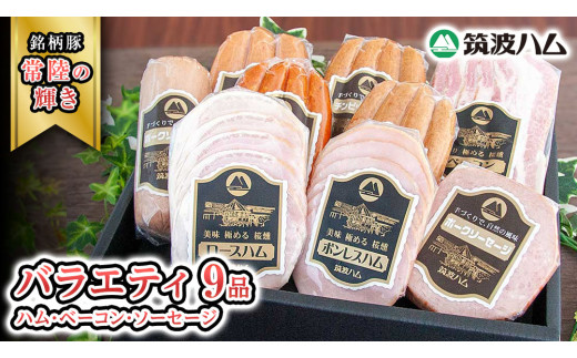 筑波ハム バラエティ 9品 ( ハム ベーコン ソーセージ ) 『常陸の輝き』 茨城県産 ブランド豚 銘柄豚 ( 茨城県共通返礼品 ) ロースハム ボンレスハム フランク ウィンナー チョリソー 豚 ポーク ステーキ 肉 お肉 [EN009sa]