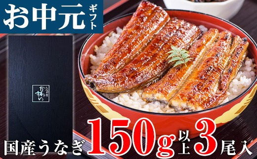 【お中元・夏ギフト用】国産 うなぎ 蒲焼き 大サイズ 3本（150～169g×3本）(A1179-1)