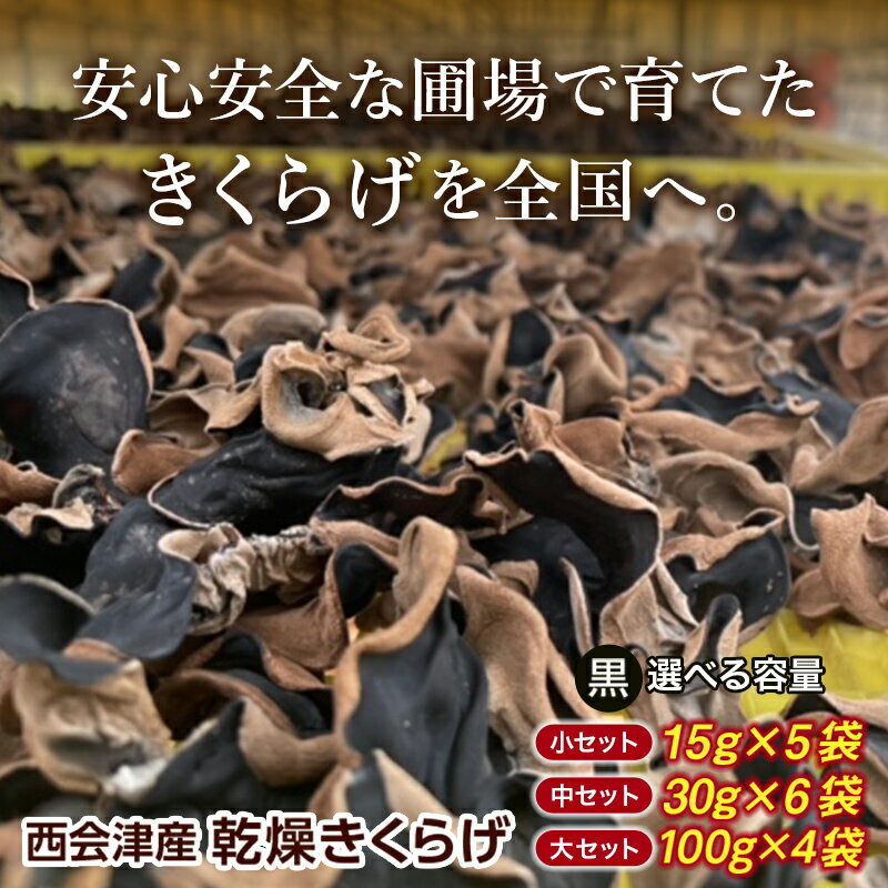 【ふるさと納税】＼選べる容量／＜特選＞西会津産 乾燥きくらげ 小セット(黒15g×5袋) 中セット(黒30g×6袋) 大セット(黒100g×4袋) 完全無農薬 乾燥 きくらげ 国産 木耳 キクラゲ 食品 F4D-2259var