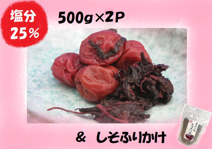 
            梅干し 熊野乃梅 昔ながらの梅（塩分25％）500ｇ×2Pとしそふりかけ
          