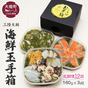 【12ヶ月定期便】ご贈答 三陸 玉手箱 計480g前後 ( 160g前後 ×3段 ) 計12回お届け おせち 人気｜冷凍 小分け 食べきり 化粧箱 熨斗 のし お取り寄せ ギフト 海宝 味付 漬 海鮮丼 どんぶり ドン 岩手 いわて iwate