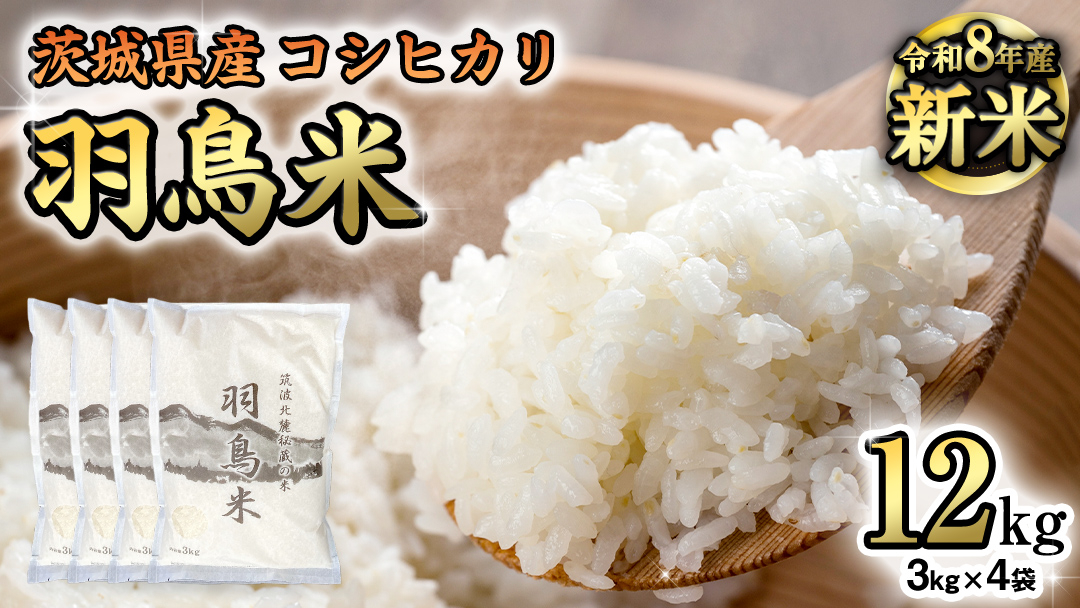 《 令和8年産 》 コシヒカリ 「幻の米 羽鳥米」 12kg (3kg × 4袋) 筑波北麓秘蔵米 先行予約 お米 ごはん 精米 コメ 白米 国産 茨城県 桜川市 限定 期間限定 数量限定 銘柄米 [