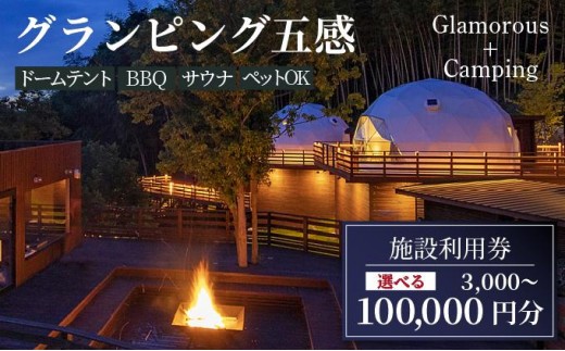 
                  寄附額改定↓ ＜選べる金額＞グランピング五感 施設利用券 3,000円～100,000円分
                