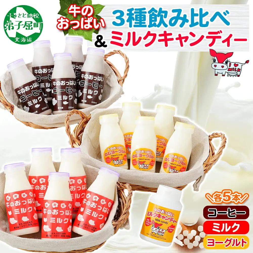 牛のおっぱいミルク 5本 コーヒーミルク5本 のむヨーグルト5本 計15本 おっぱいミルクキャンディー1個 セット 牛乳 生乳 ミルク 牛 酪農 飲料 しぼりたて 珈琲 ヨーグルト 飴 お取り寄せ ギフト gift 渡辺体験牧場 まとめ買い 北海道 弟子屈町 784