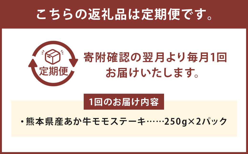 【3ヶ月定期便】熊本県産 あか牛 モモステーキ 500g(250g×2パック) 計1.5kg