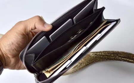Groover Leather 信州鹿革：Lジップウォレット DLZ-100 グレー/ブラック