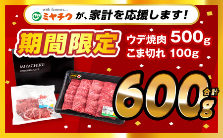 宮崎牛ウデ焼肉・宮崎県産黒毛和牛こま切れ(計500g)