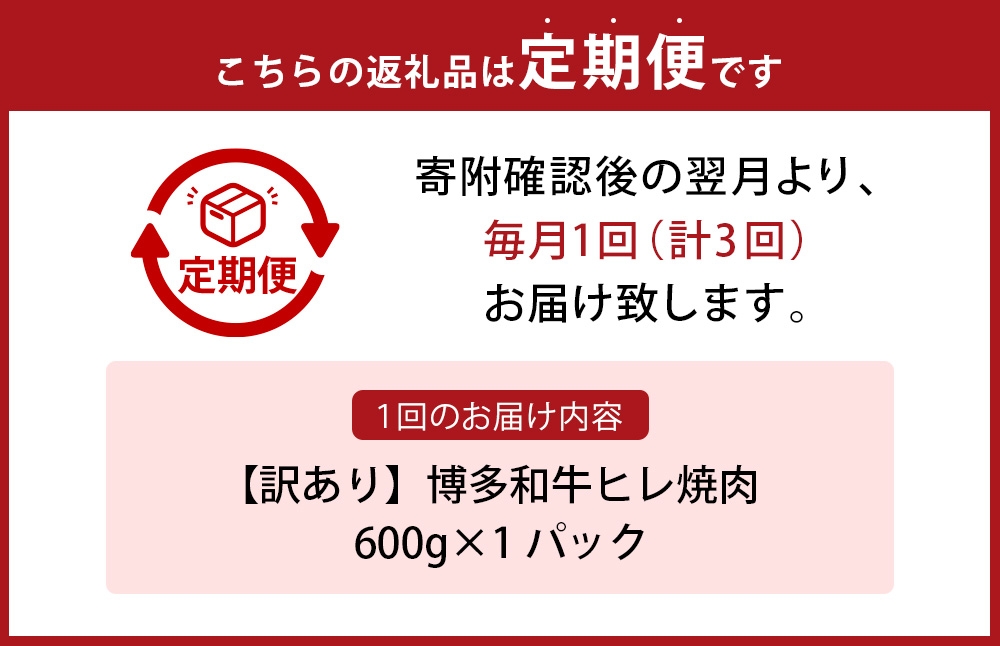【 3ヶ月定期便 】訳あり博多和牛ヒレ焼肉