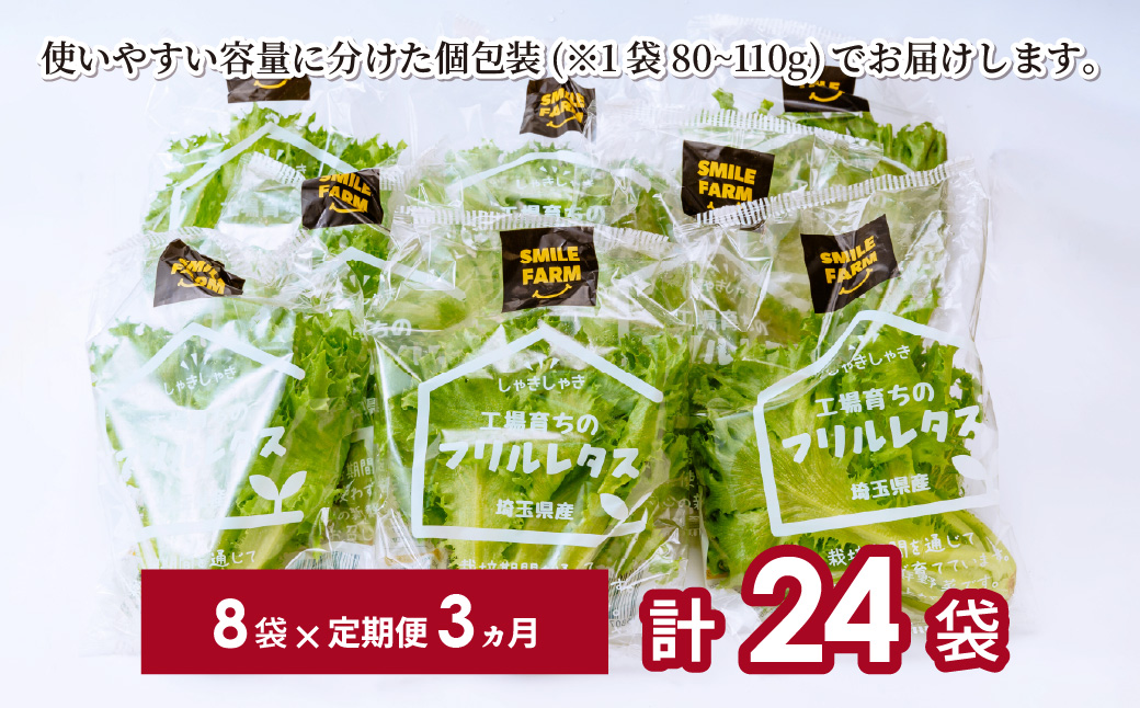 【定期便3ヶ月】 <洗わず食べられる・室内水耕栽培> フリルレタス 8袋(80~110g/袋)×3ヶ月 計24袋 | レタス 洗わずに食べられる 大容量 新鮮レタス オーガニック野菜 無農薬 野菜直送