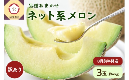 【2026年先行予約】【2026年8月前半発送】 メロン 訳あり 3玉 約4kg 青肉 中玉 青森 五所川原 ネット系メロン フルーツ 夏 旬 4キロ 果物 くだもの めろん