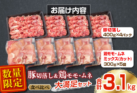 数量限定 豚肉 切り落とし 鶏肉 モモ ムネ セット 合計3.1kg 国産 食品 ポーク チキン おかず 人気 大容量 万能食材 焼肉 から揚げ 炒め物 お弁当 おつまみ 詰め合わせ 食べ比べ 小分け