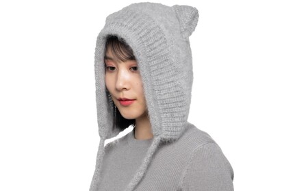 フワフワニット耳付きフード (種類：グレー猫)