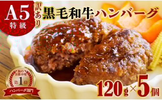 訳あり A5黒毛和牛 ハンバーグ 120g×5個 A5ランク 国産 真空パック 個包装 冷凍 人気 おすすめ お取り寄せ おすすめ 人気 ギフト 贈り物 プレゼント 贈答 好評 京都 舞鶴 舞鶴市 ABCフーズ