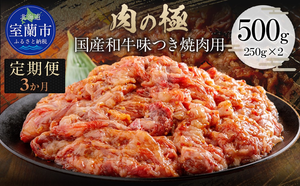 【3か月定期便】国産和牛味つき焼肉用 500g (250g×2)  MROBM010