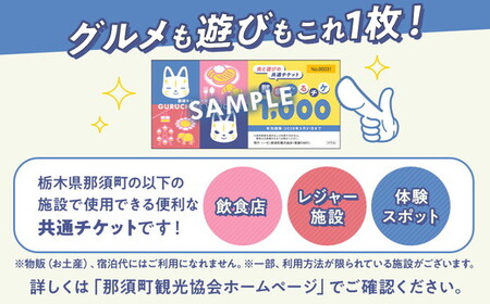那須町グルメ＆レジャー共通券「那須ぐるチケ」3,000円分（1,000円券×3枚）〔B-137〕｜ 栃木県 那須 商品券 クーポン券 割引券 食事券 日帰り 旅行 観光 サファリパーク 動物園 遊園地