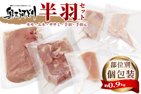 愛知県産 銘柄鶏 奥三河どり 半羽 小分け 約0.9ｋｇ 鶏肉セット 冷凍 生 生鶏 チキン クリスマス パーティー バーベキュー BBQ アウトドア キャンプ ダッチオーブン チキン 鶏肉 鶏 高品質 -214