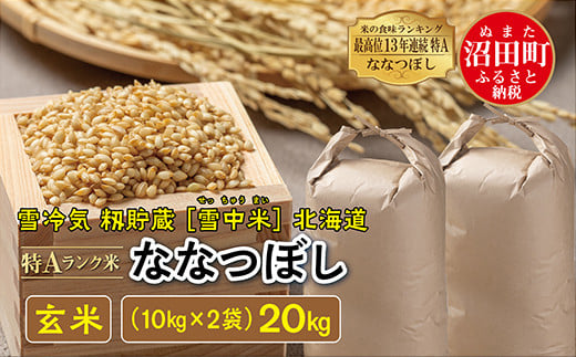 令和6年産 特Aランク米 ななつぼし 玄米 20kg（10kg×2袋）発送月が選べる 雪冷気 籾貯蔵 雪中米 北海道