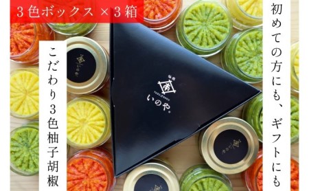 いのや。の3色柚子胡椒セット（赤・黄・緑 各色60g）【ボックス付】×3※配送不可：離島 調味料 3種類 贈り物 ギフトボックス 詰め合わせ 食卓 肉料理 魚料理 おかず 味付け 辛味 ピリ辛 食べ比べ 