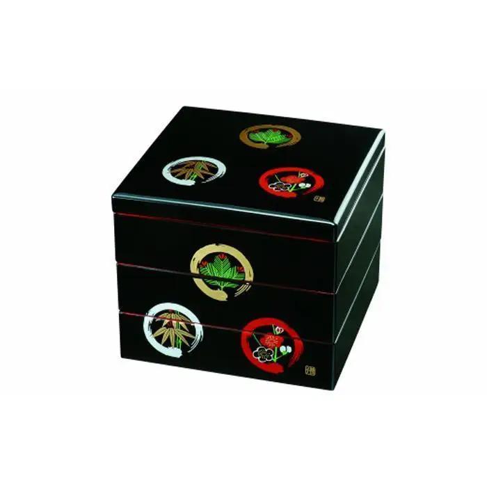 三段重箱 黒内朱 丸に松竹梅 お重 紀州漆器 弁当箱 お正月 おせち おせち料理 運動会 和食器 旅館 料亭【YG6】