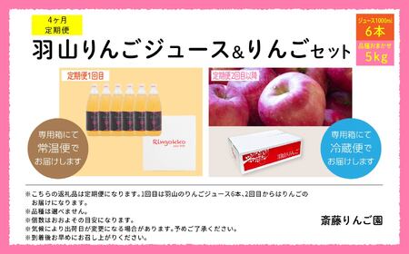 【4ヶ月定期便】品種おまかせ！羽山のりんごジュース6本と羽山りんご5kg×3回 りんご リンゴ りんごジュース リンゴジュース 果物 フルーツ 羽山りんご 5kg 早生 人気 くだもの 定期便 おすす