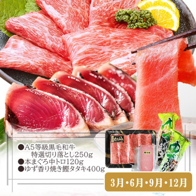 定期便(3回の配送)枕崎お楽しみ便(黒毛和牛・まぐろ中トロ・鰹・さつまあげetc) LL−6002【配送不可地域：離島】【1457816】