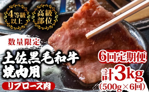 
                  【定期便6回】土佐 黒毛 和牛 焼肉用 計3kg（500g×6ヶ月連続お届け) 4Oコース | 特撰 リブロース ロース A4 A5 焼き肉 やきにく 小分け 冷凍 国産 ブランド 和牛 牛肉 大人気 おすすめ ランキング おいしい 限定 アウトドア 高知県 須崎 TM95000
                
