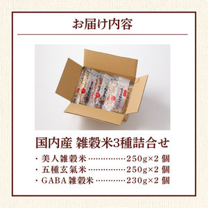 国内産 雑穀米3種詰め合わせ （GABA雑穀米・美人雑穀米・五種玄氣雑穀米　各2個）_米 雑穀米 おいしい 3種 6パック 詰め合わせ セット 1460g 1回 国内産 体にやさしい 混ぜて炊くだけ 